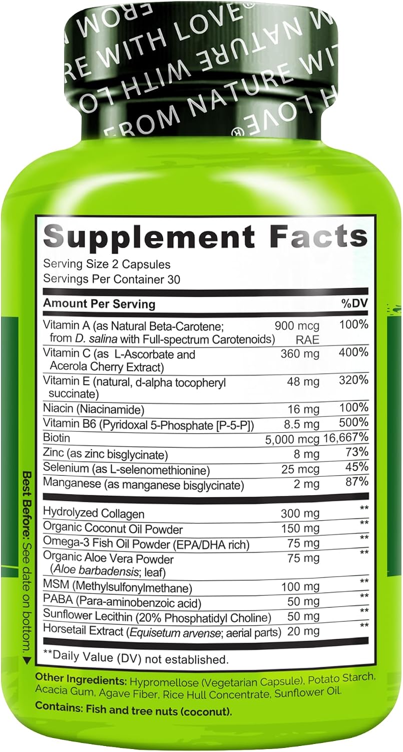 NATURELO Hair, Skin and Nails Vitamins - 5000 mcg Biotin, Collagen, Natural Vitamin E - 60 Capsules - görsel 7