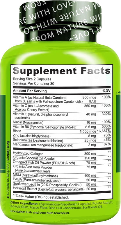 NATURELO Hair, Skin and Nails Vitamins – 5000 mcg Biotin, Collagen, Natural Vitamin E – 60 Capsules