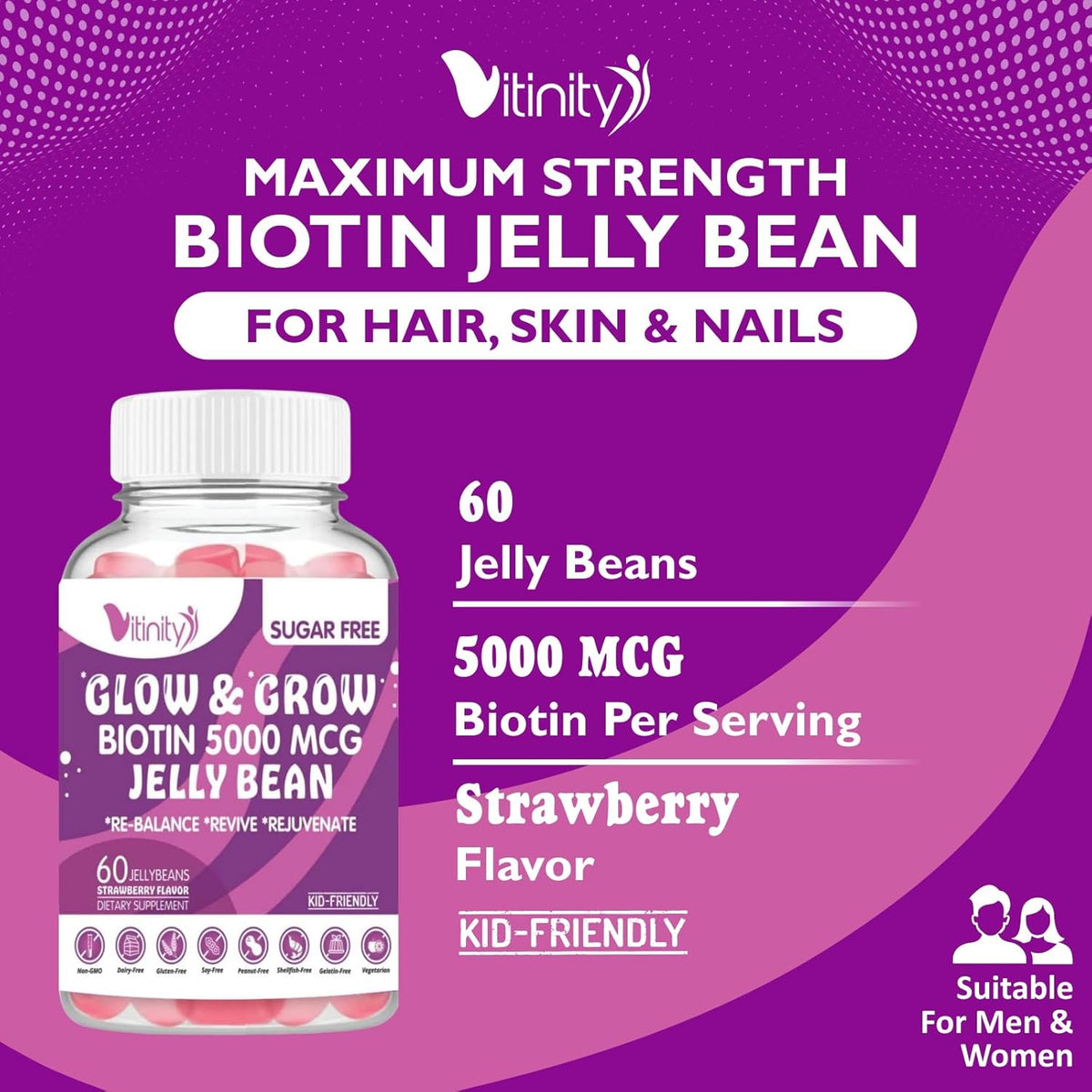 VITINITY Biotin 5000mcg Extra Strength Vegetarian Sugar-Free Supplement – Supports Healthier Hair & Skin – 60 Veggie Jelly Beans (30-Day Supply) - görsel 3