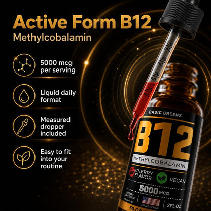 BASIC GREENS Vitamin B12 Liquid Drops 5000 mcg, Sublingual Methylcobalamin, Vegan Cherry Flavour, 59 ml