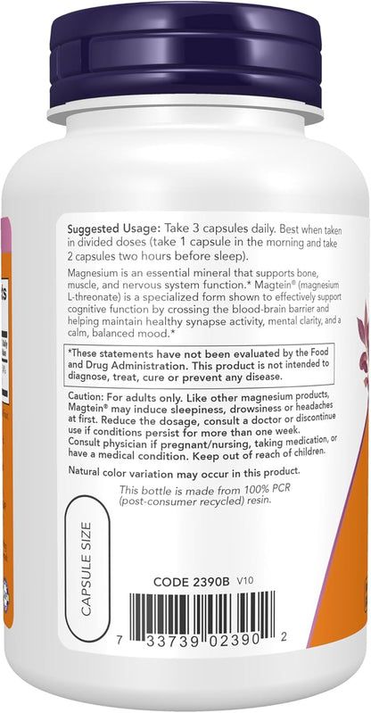 NOW Foods Magtein™ Magnesium L-Threonate, 90 Vegan Capsules