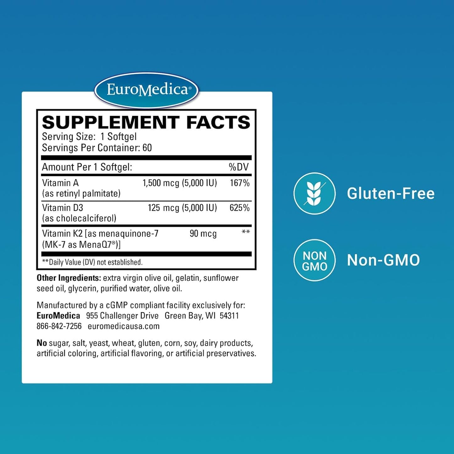 EuroMedica A·D·K2 Cardio Health - Cardiovascular Support Food Supplement with Vitamins A, D3, and K2 - 60 Softgels - görsel 2