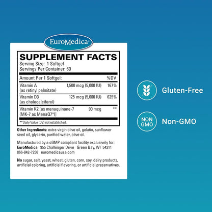 EuroMedica A·D·K2 Cardio Health - Cardiovascular Support Food Supplement with Vitamins A, D3, and K2 - 60 Softgels