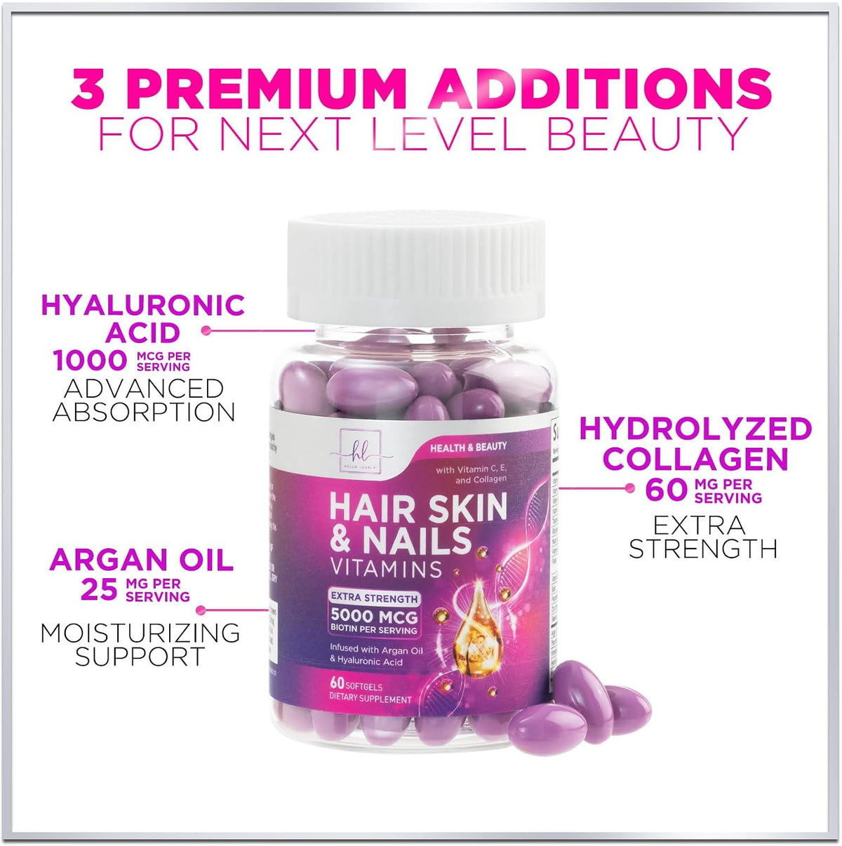 Hair Vitamins for Women Argan-Infused with Collagen, Biotin and Hyaluronic Acid - For Normal Hair and Skin Maintenance - Bottled in the USA - 60 Soft gel capsules - görsel 5