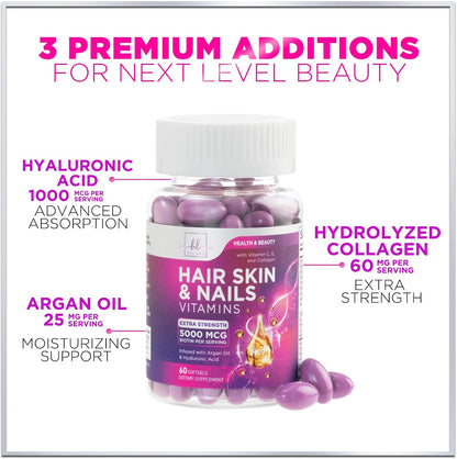 Hair Vitamins for Women Argan-Infused with Collagen, Biotin and Hyaluronic Acid - For Normal Hair and Skin Maintenance - Bottled in the USA - 60 Soft gel capsules