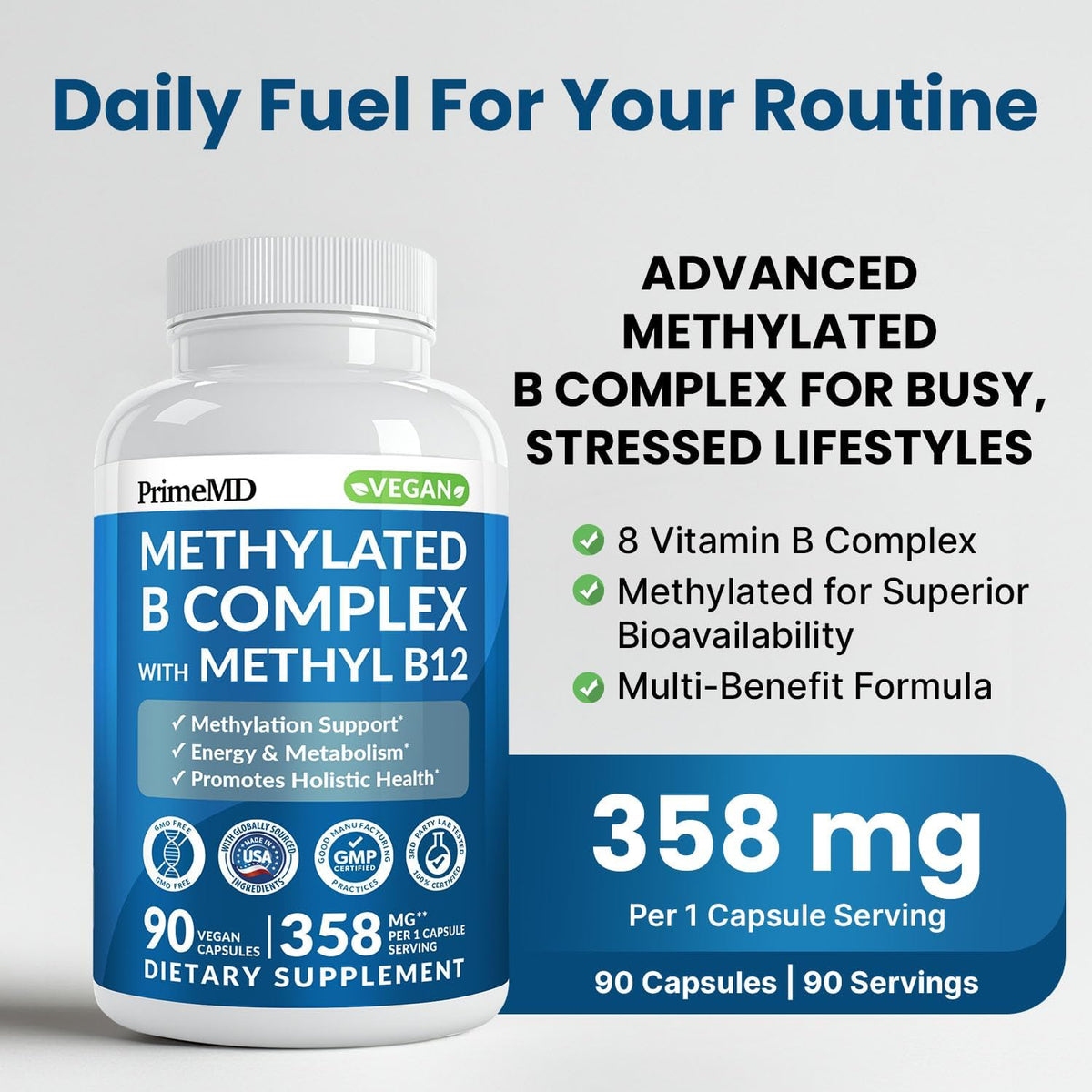 Methylated B Complex with Methylfolate and Vitamin B12 Methylcobalamin 1000 mcg – Methylated Multivitamin for Energy, Brain Function, and Wellness – B Complex Food Supplement for Men & Women (90 Capsules) - görsel 2