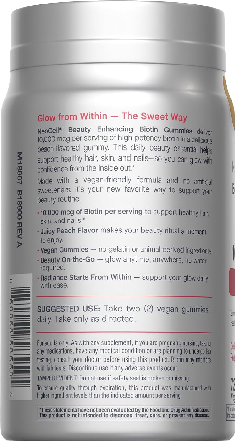 NeoCell Biotin 10000mcg Gummies - 72 Count - Peach Flavour - Hair, Skin & Nails Supplement - görsel 3