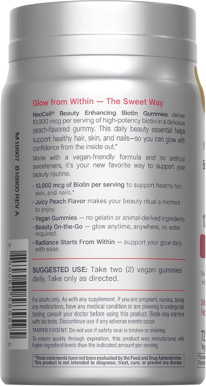 NeoCell Biotin 10000mcg Gummies - 72 Count - Peach Flavour - Hair, Skin & Nails Supplement