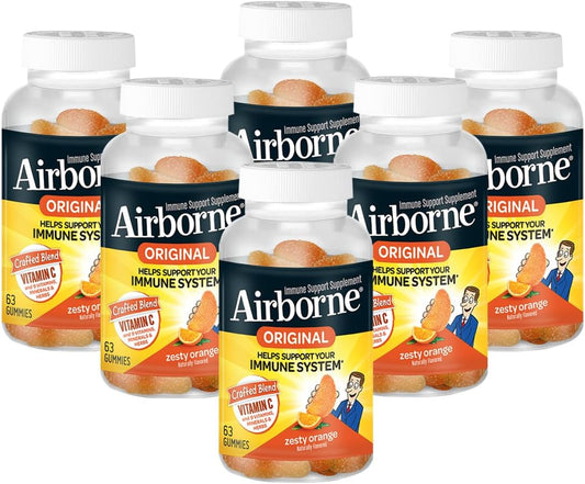 Airborne 750mg Vitamin C Immune Support Gummies for Adults, Zesty Orange Flavour, Gluten-free Crafted Blend with Powerful Antioxidants Vitamins C & E and Selenium, 63 Gummies (6 Pack)