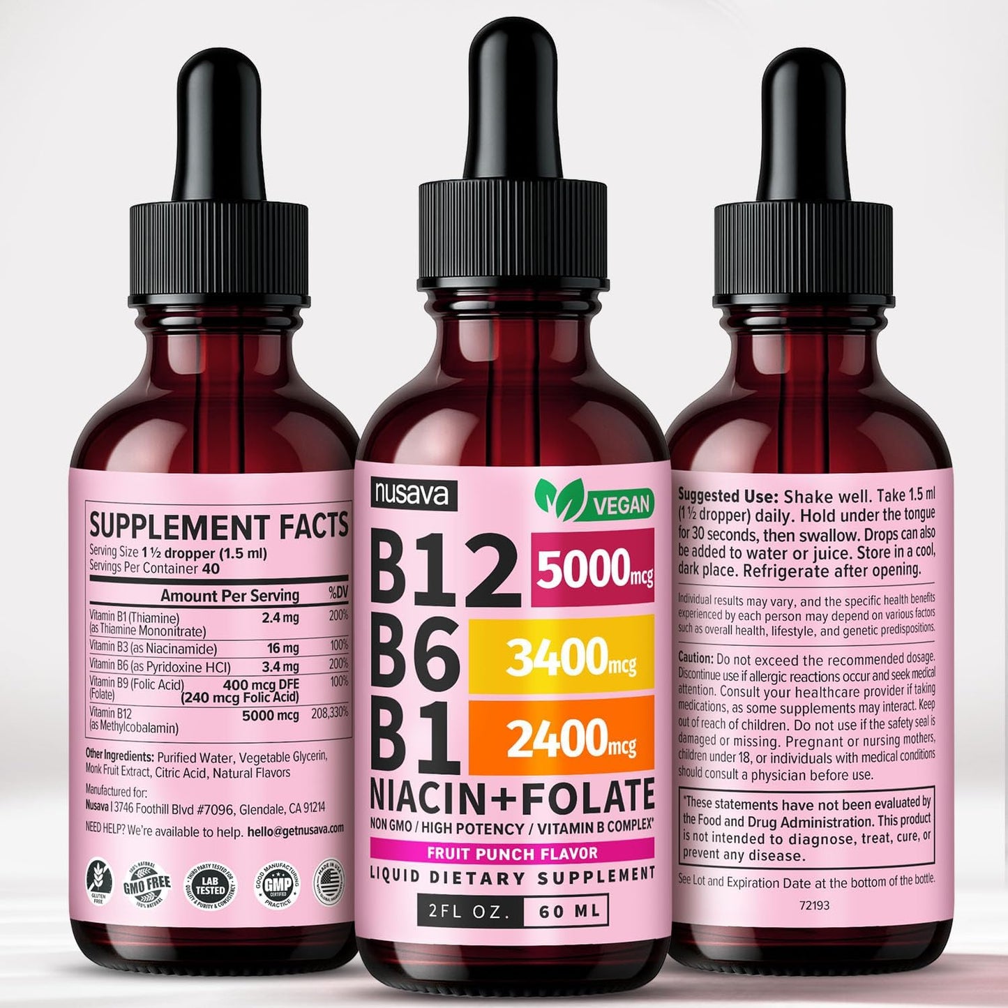 NUSAVA Vitamin B12 Liquid Drops 5000mcg - Sublingual B Complex with B6 & B1, Vegan, Non-GMO, Fruit Punch (2 Pack, 60 ml Each) - görsel 9