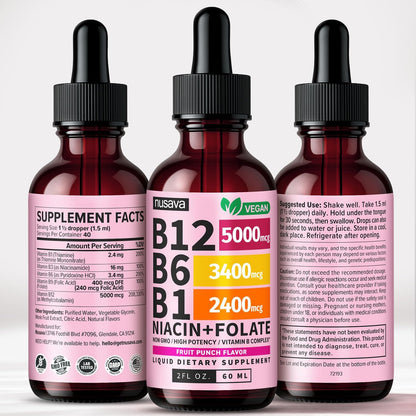 NUSAVA Vitamin B12 Liquid Drops 5000mcg - Sublingual B Complex with B6 & B1, Vegan, Non-GMO, Fruit Punch (2 Pack, 60 ml Each)