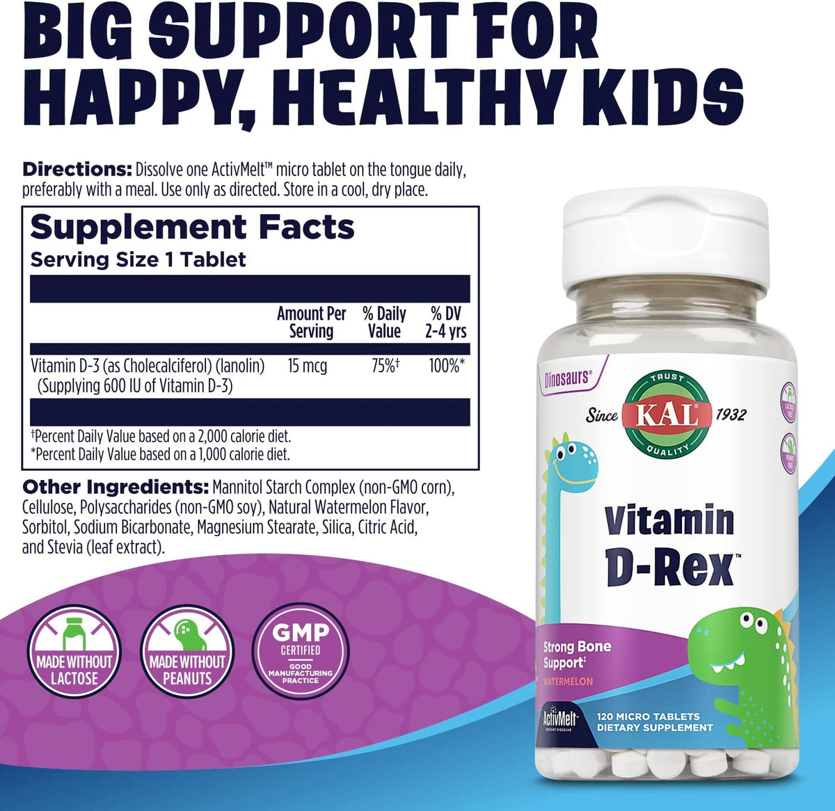 KAL Vitamin D-Rex Children's Vitamin D3 600 IU Instant Dissolve Micro Tablets, Natural Watermelon, 120 Tablets - görsel 2