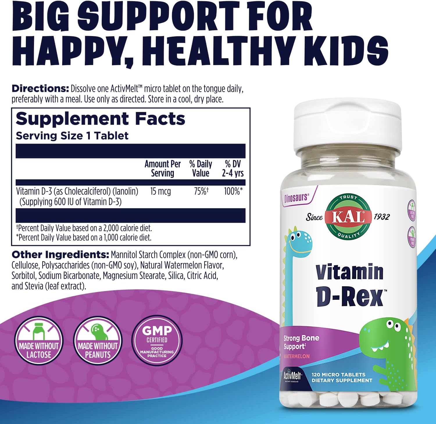 KAL Vitamin D-Rex Children's Vitamin D3 600 IU Instant Dissolve Micro Tablets, Natural Watermelon, 120 Tablets - görsel 2