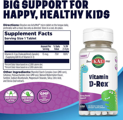 KAL Vitamin D-Rex Children's Vitamin D3 600 IU Instant Dissolve Micro Tablets, Natural Watermelon, 120 Tablets
