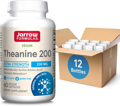 Jarrow Formulae Extra Strength Theanine 200 mg, 60 Vegetarian Capsules (Pack of 12)