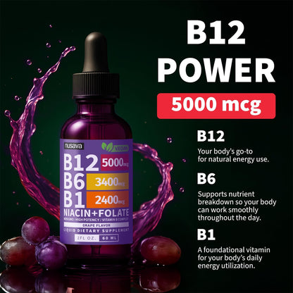 NUSAVA Vitamin B12 Liquid Drops 5000mcg with B6 & B1 - Sublingual Methylcobalamin B Complex, Vegan, Non-GMO, Grape Flavour (2 Pack)