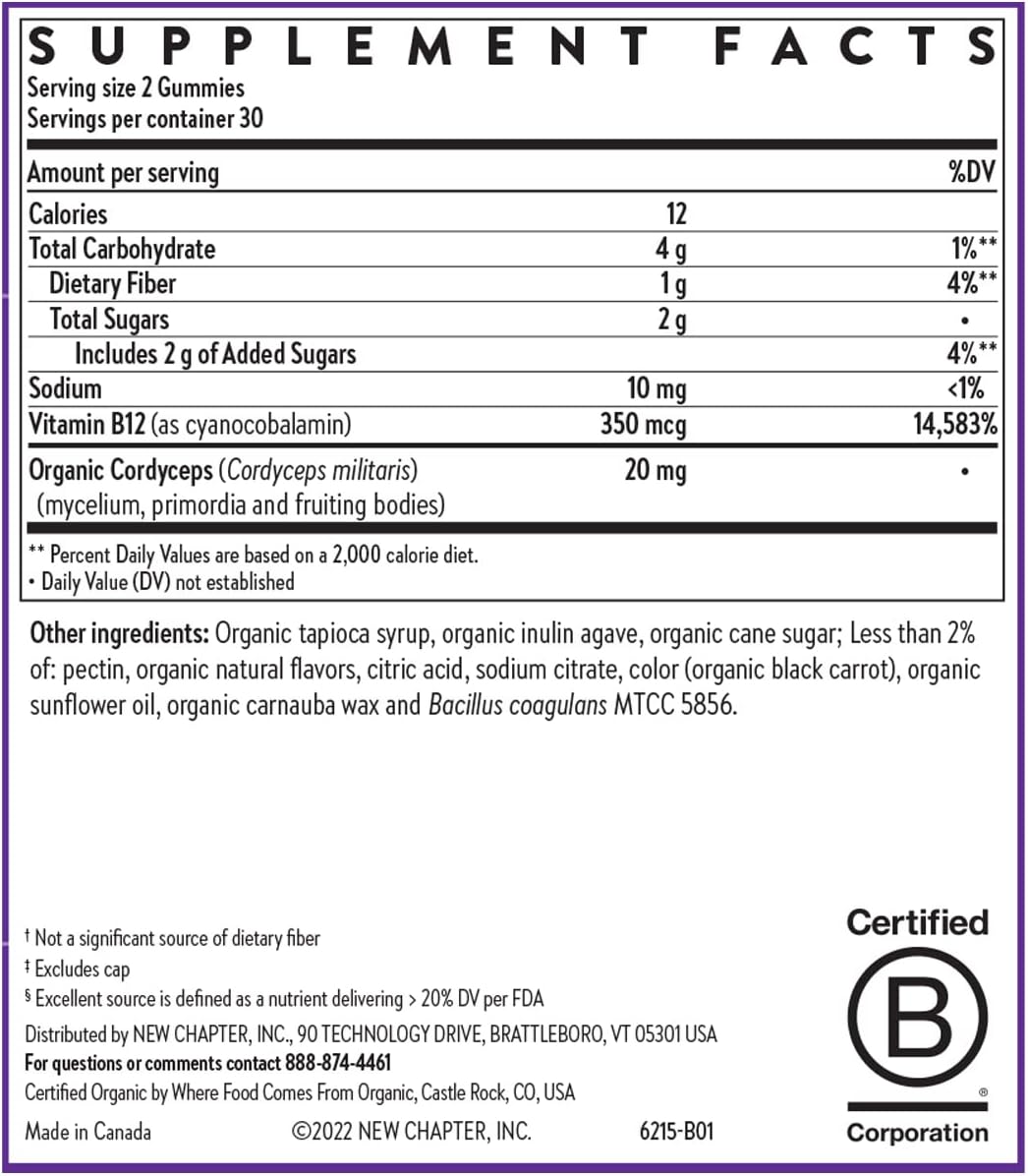 New Chapter® Organic Vitamin B12+ Gummies – Vegan B12 for Cellular Energy Support with Cordyceps, 60 Gummies - görsel 6