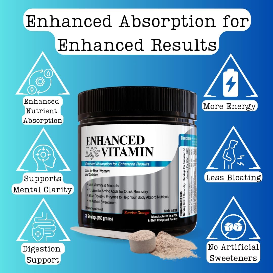 Enhanced Life Vitamin Powder - Cold Processed Multivitamin with Amino Acids & Digestive Enzymes for Energy, Mental Focus, & Nutrient Absorption - No Artificial Sweeteners - 30 Servings - Made in USA - görsel 2