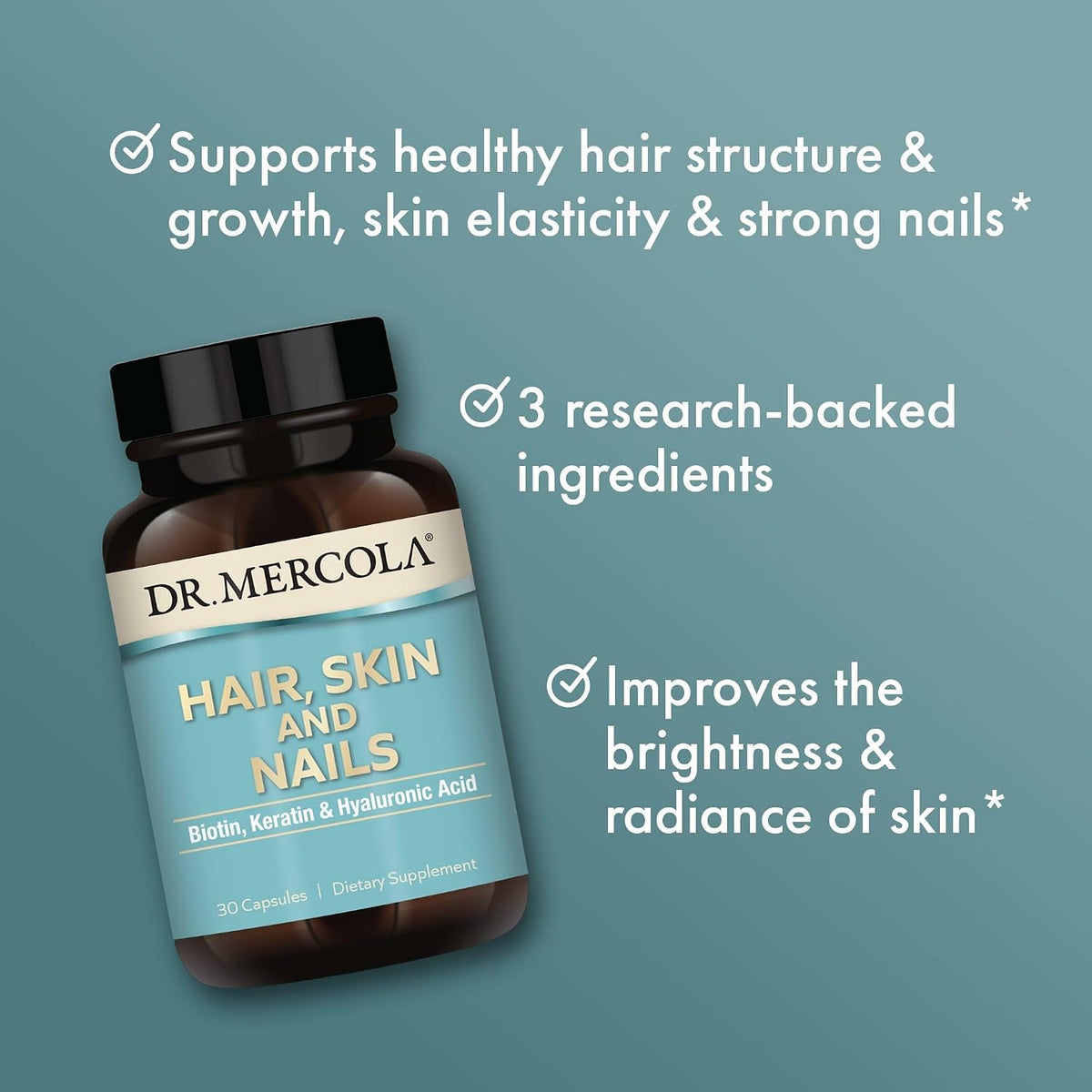 Dr. Mercola Hair, Skin and Nails – Biotin, Keratin & Hyaluronic Acid – 30 Capsules – Image 4