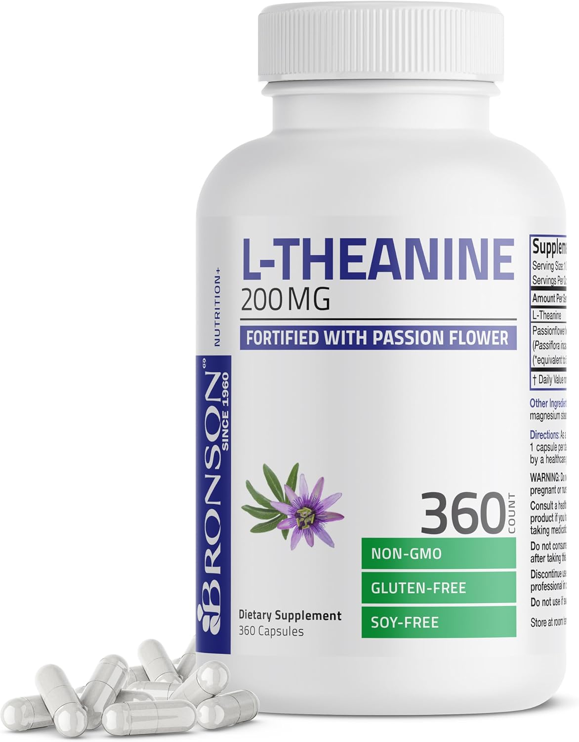 Bronson L-Theanine 200mg (Double Strength) with Passion Flower Herb, Non-GM Gluten-Free Soya-Free Stress Management Supplement, 360 Capsules - görsel 3