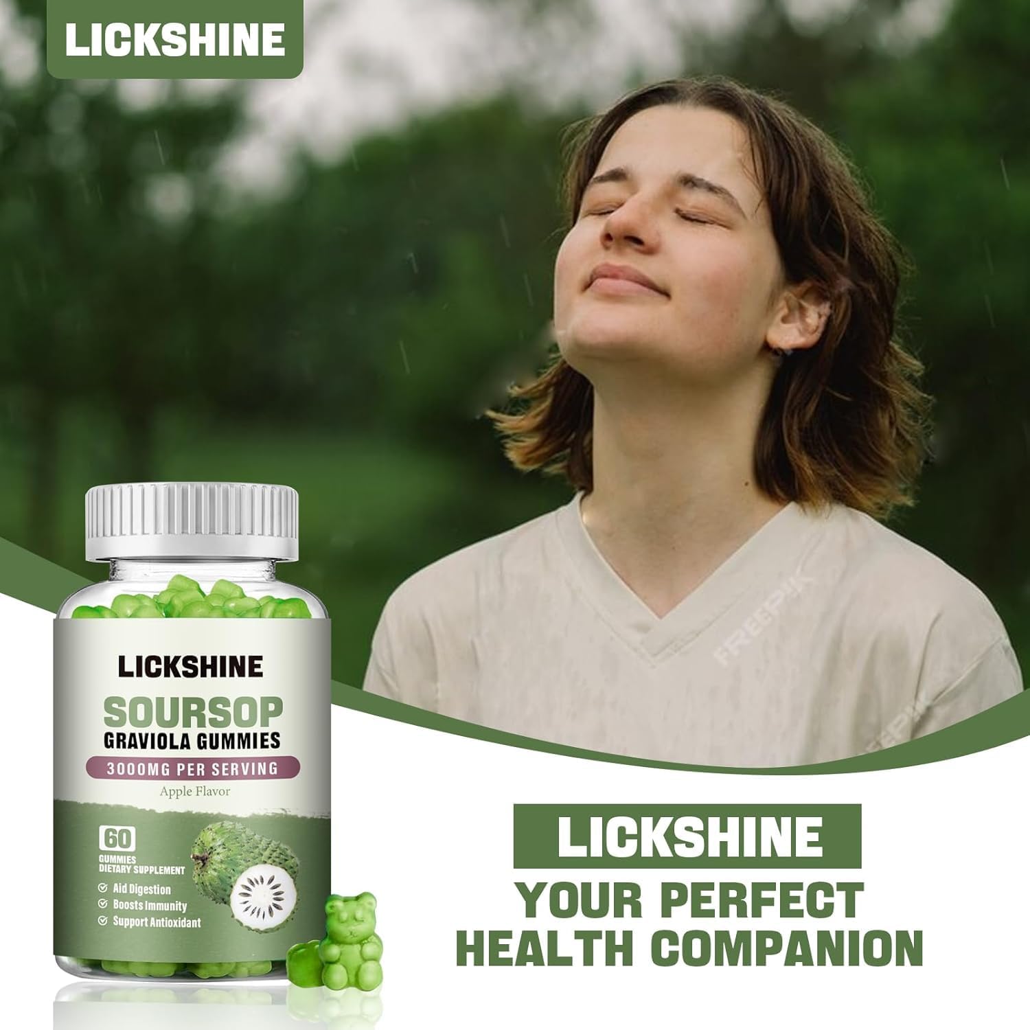 Lickshine 2 Pack Soursop Graviola Gummies - 3000mg Extra Strength with Vitamin C & Zinc - Sugar Free, Non-GMO, Vegan - Digestive Health & Immune Support - 120 Gummies - görsel 6