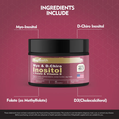 Inositol Powder - Myo and D-Chiro Inositol with Folate and Vitamin D, 40:1 Ratio, 45-Day Supply