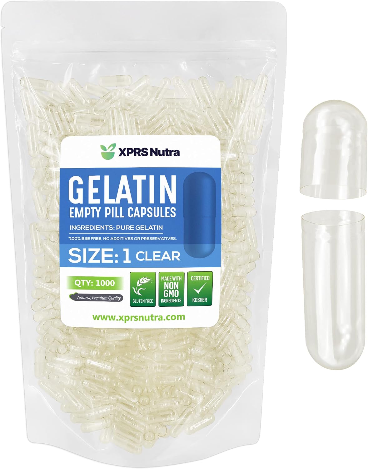 XPRS Nutra Size 1 Empty Gelatine Capsules - 1000 Count - görsel 1