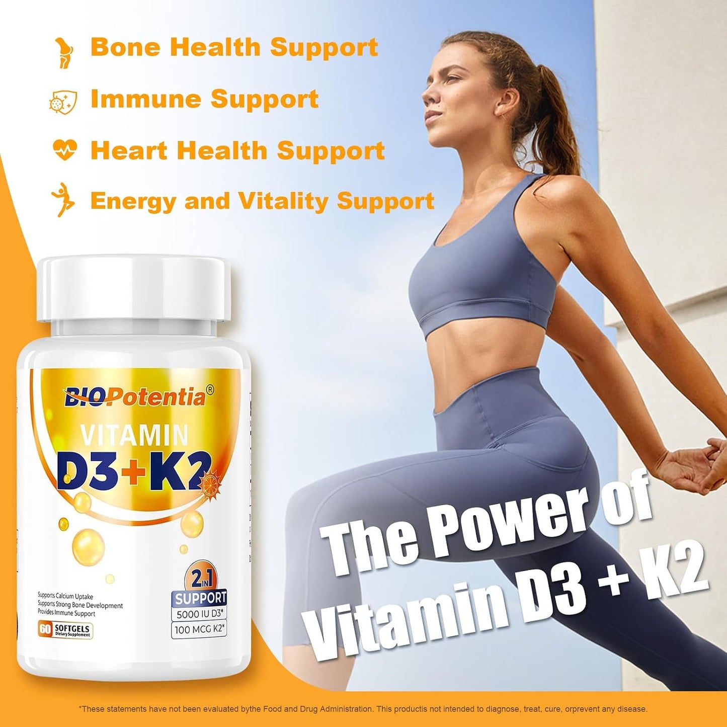 BIO POTENTIA Vitamin D3 K2 with MCT Oil - 5000 IU D3 & 100mcg K2 (MK-7) - Bone, Teeth & Immune Support - Non-GMO, Gluten-free - 60 Soft gel capsules - görsel 4