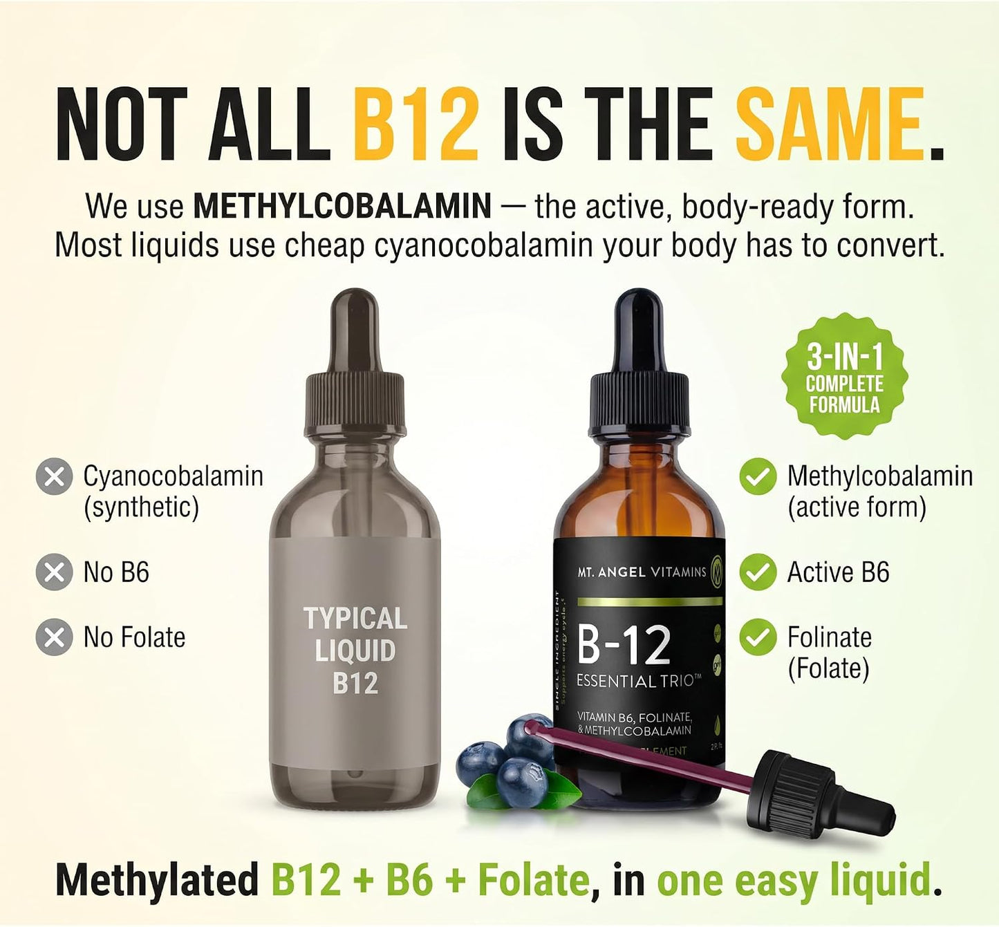 Mt. Angel Vitamins B12 Essential Trio - Vegan Sublingual Drops with Methyl B12, B6 & Folate - görsel 2