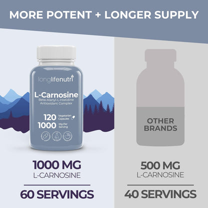 LongLifeNutri L-Carnosine 1000mg - Beta-Alanyl-L-Histidine Supplement for Cellular Energy & Brain Clarity, 120 Vegan Capsules