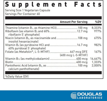 Douglas Laboratories B-Complex with Metafolin - Comprehensive B Vitamin Supplement - Energy and Brain Health Support - with Folate, Biotin & Thiamine - Non-GMO - 60 Vegetarian Capsules