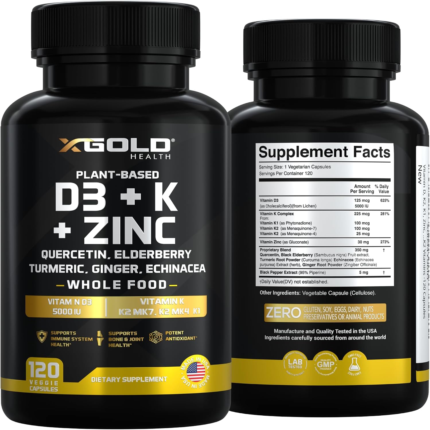 X Gold Health 8-in-1 Vitamin D3 and K2 Complex with Zinc, Quercetin and Elderberry - 120 Capsules - görsel 7