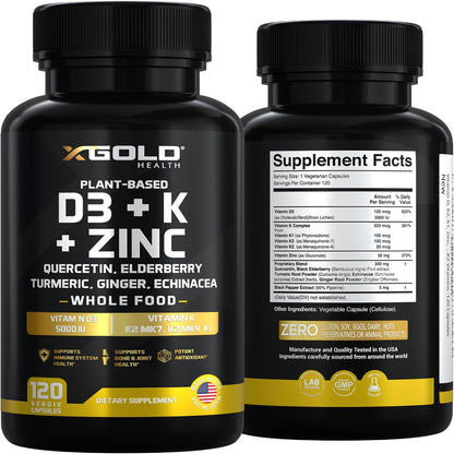 X Gold Health 8-in-1 Vitamin D3 and K2 Complex with Zinc, Quercetin and Elderberry - 120 Capsules