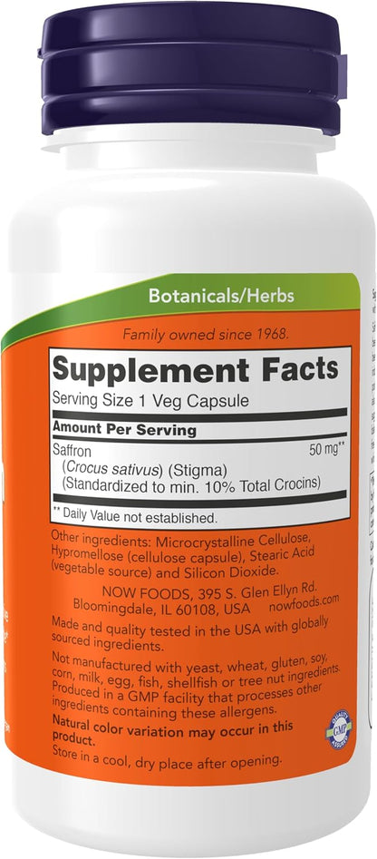 NOW Foods Saffron Whole Herb 50 mg with 10% Crocins, 60 Veg Capsules