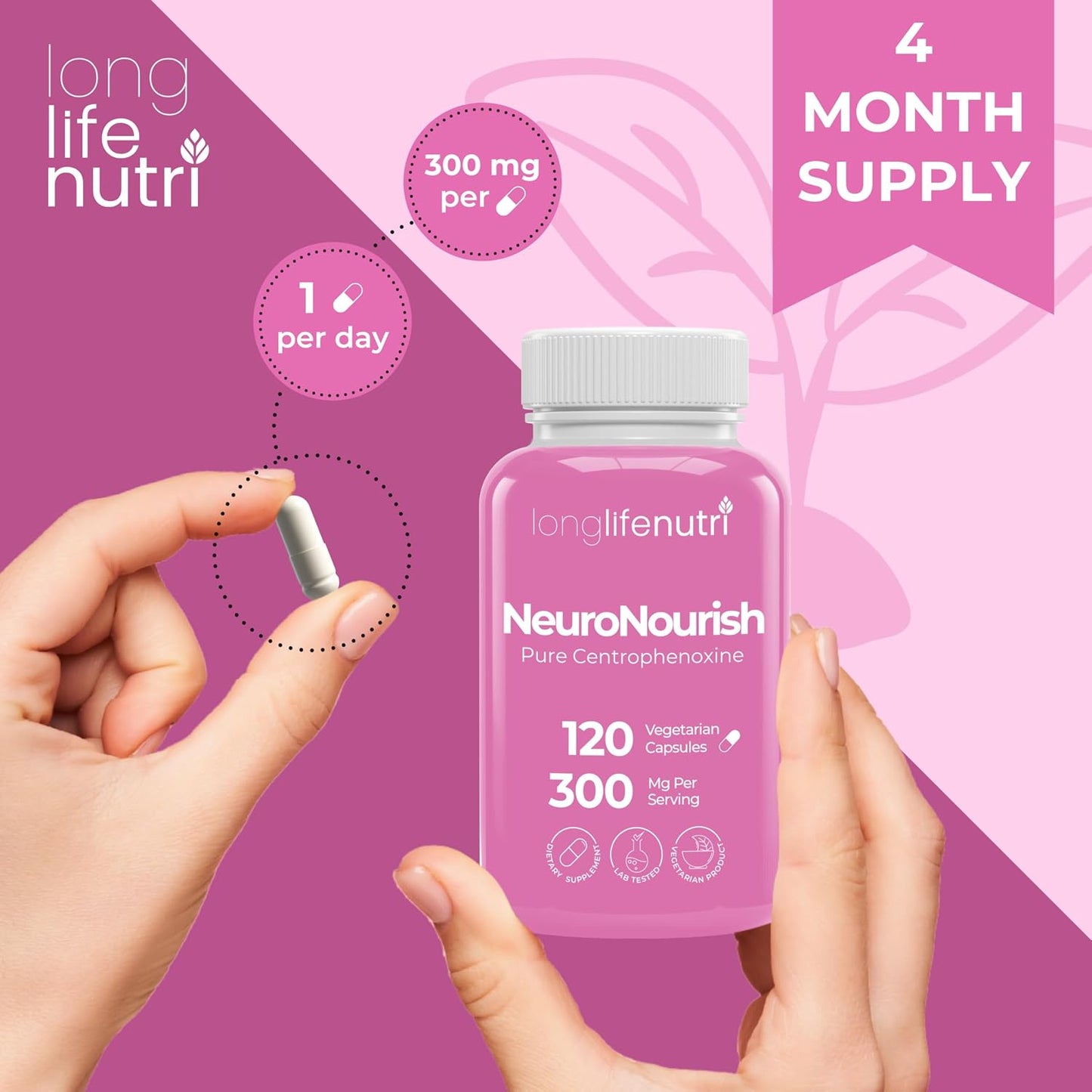 LongLifeNutri NeuroNourish Centrophenoxine 300mg, 120 Vegetarian Capsules - görsel 5