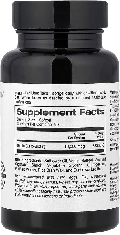 California Gold Nutrition Biotin, 10,000 mcg d-Biotin, for Healthy Hair, Nails and Skin, Non GMO, Suitable for Vegetarians, Gluten-free, 90 Veggie Softgels
