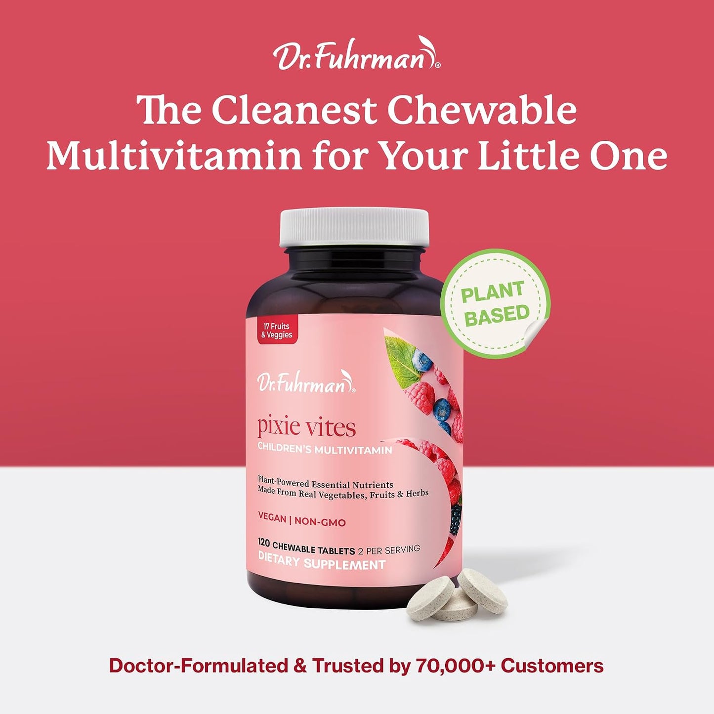 Dr. Fuhrman Pixie Vites Chewable Children's Multivitamin - Whole Food Kids Multi with Vitamin D3, K2 & Zinc - Sugar Free, Vegan, Non-GMO - Berry Flavour - 120 Tablets - görsel 5