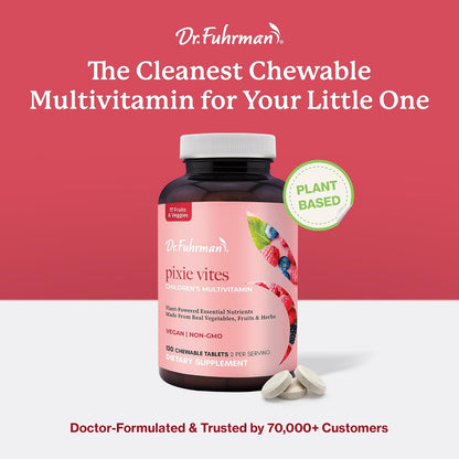 Dr. Fuhrman Pixie Vites Chewable Children's Multivitamin - Whole Food Kids Multi with Vitamin D3, K2 & Zinc - Sugar Free, Vegan, Non-GMO - Berry Flavour - 120 Tablets