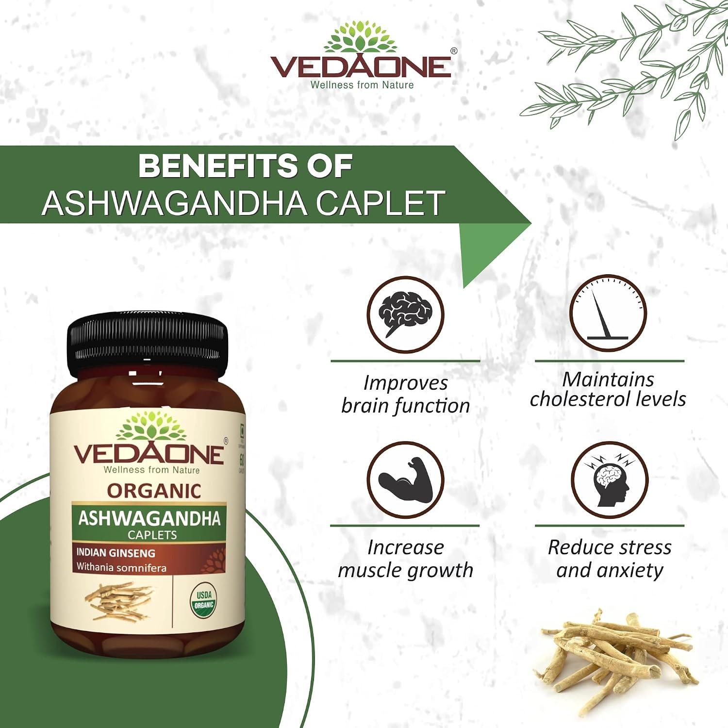 VEDAONE Organic Ashwagandha Tablets - 750mg, 60 Count - görsel 5