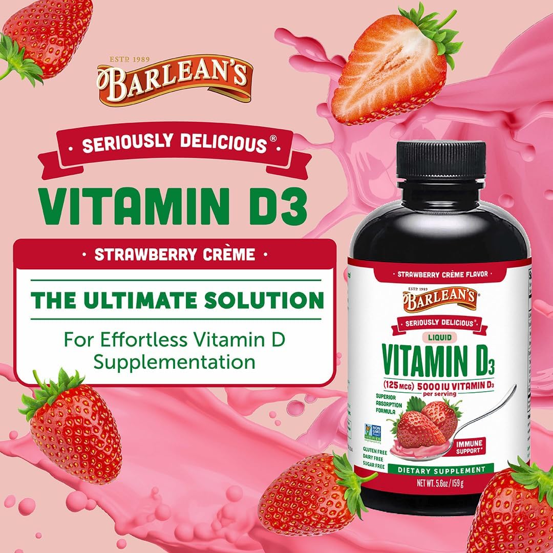 Barlean's Vitamin D3 Liquid Supplement - 5000 IU Strawberry Milkshake (Pack of 2, 166 ml Each) - görsel 2