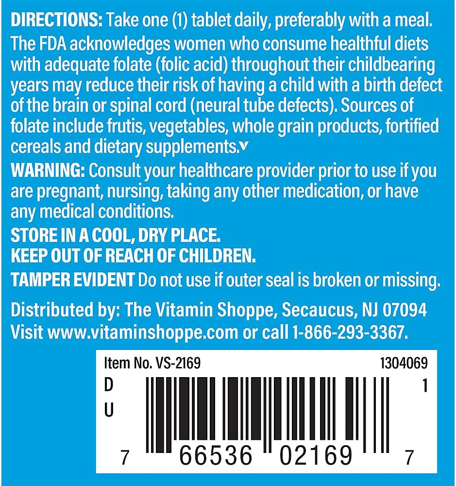 The Vitamin Shoppe Folic Acid 400mcg – Supports Maternal Tissue Growth (300 Tablets) - görsel 3