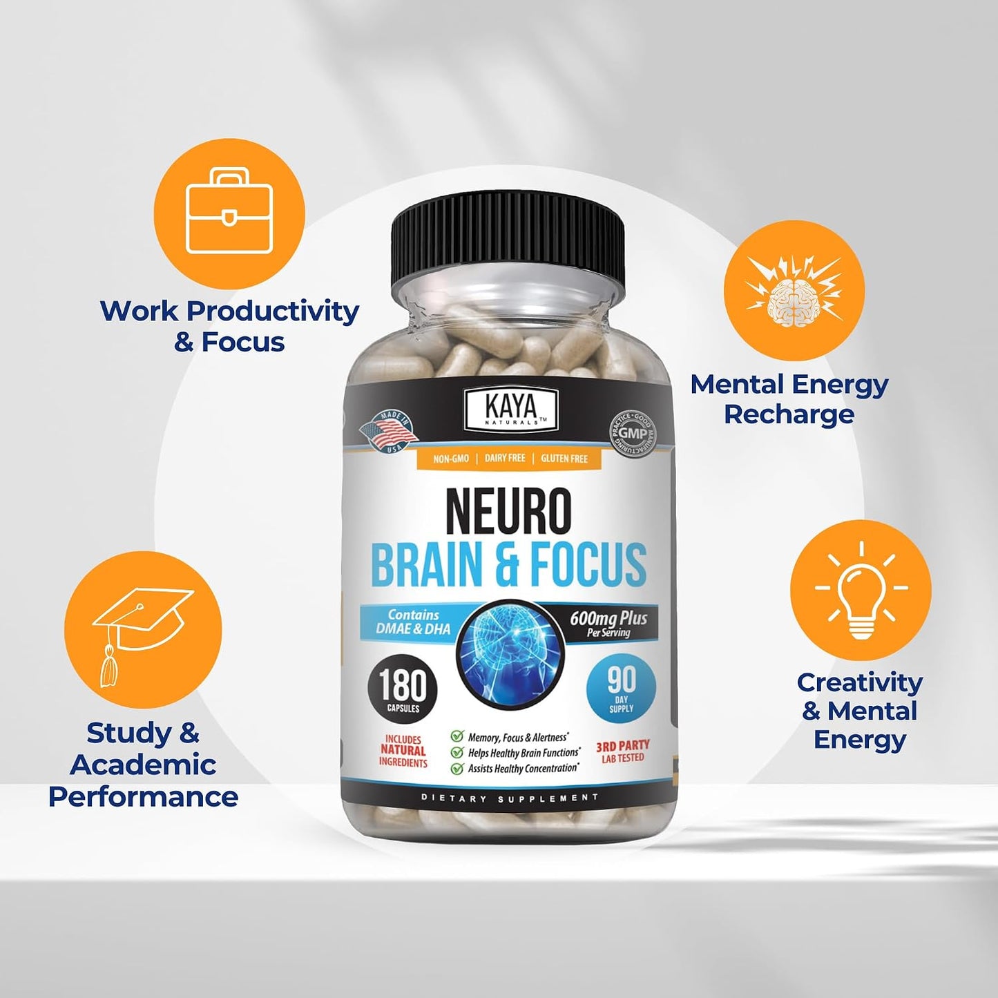 Kaya Naturals Neuro Brain – Nootropic Brain Support Supplement for Memory, Focus & Concentration (180 Capsules) - görsel 4