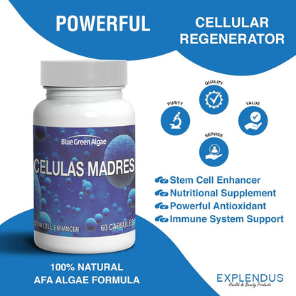 Stem Cell - Celulas Madres Supplement for Anti-Ageing & Longevity, Non-GMO, Gluten-Free, Vegetarian Capsules, 60 Count
