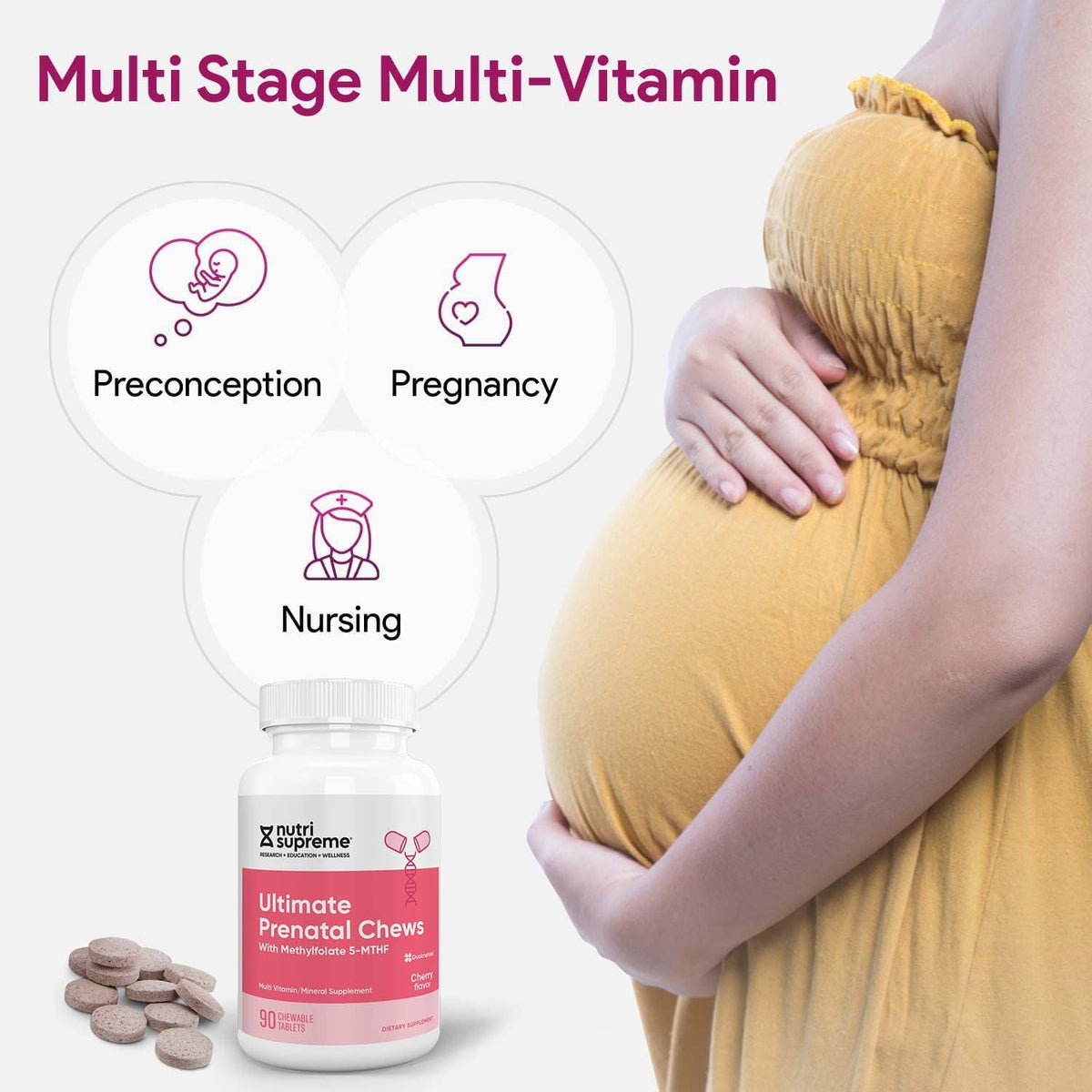 Nutri Supreme Prenatal Vitamin, Chewable Prenatal Vitamins for Women with Highly Absorbable Methyl Folate, Complete Prenatal Multivitamin with Iron, Kosher, Cherry Flavour, 90 Wafers - görsel 5