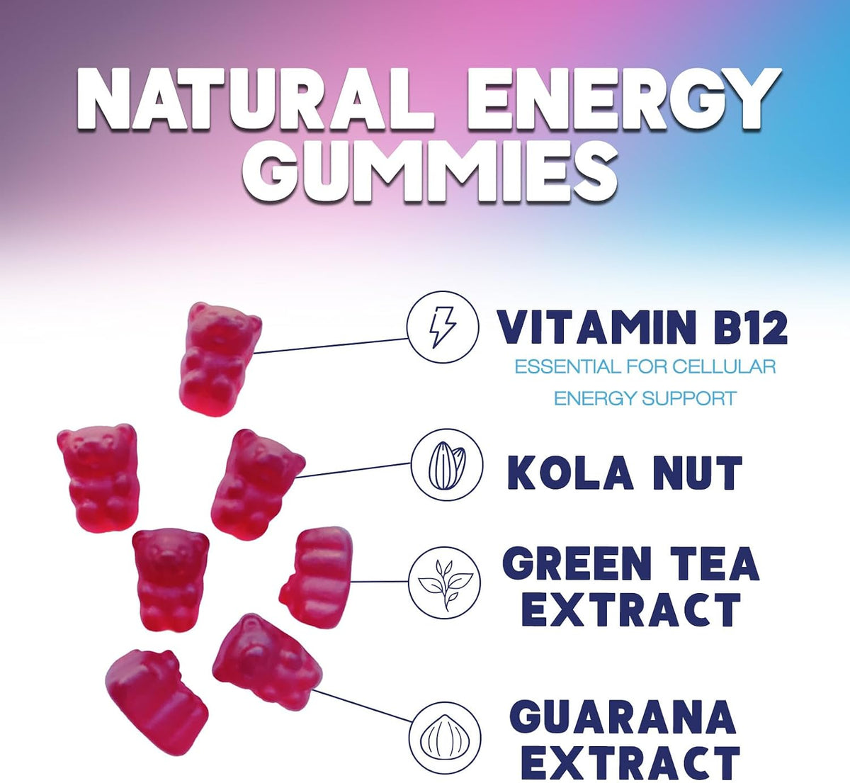 Energy Gummies with Vitamin B12 & Green Tea Caffeine - Berry Flavour - 60 Count - görsel 6
