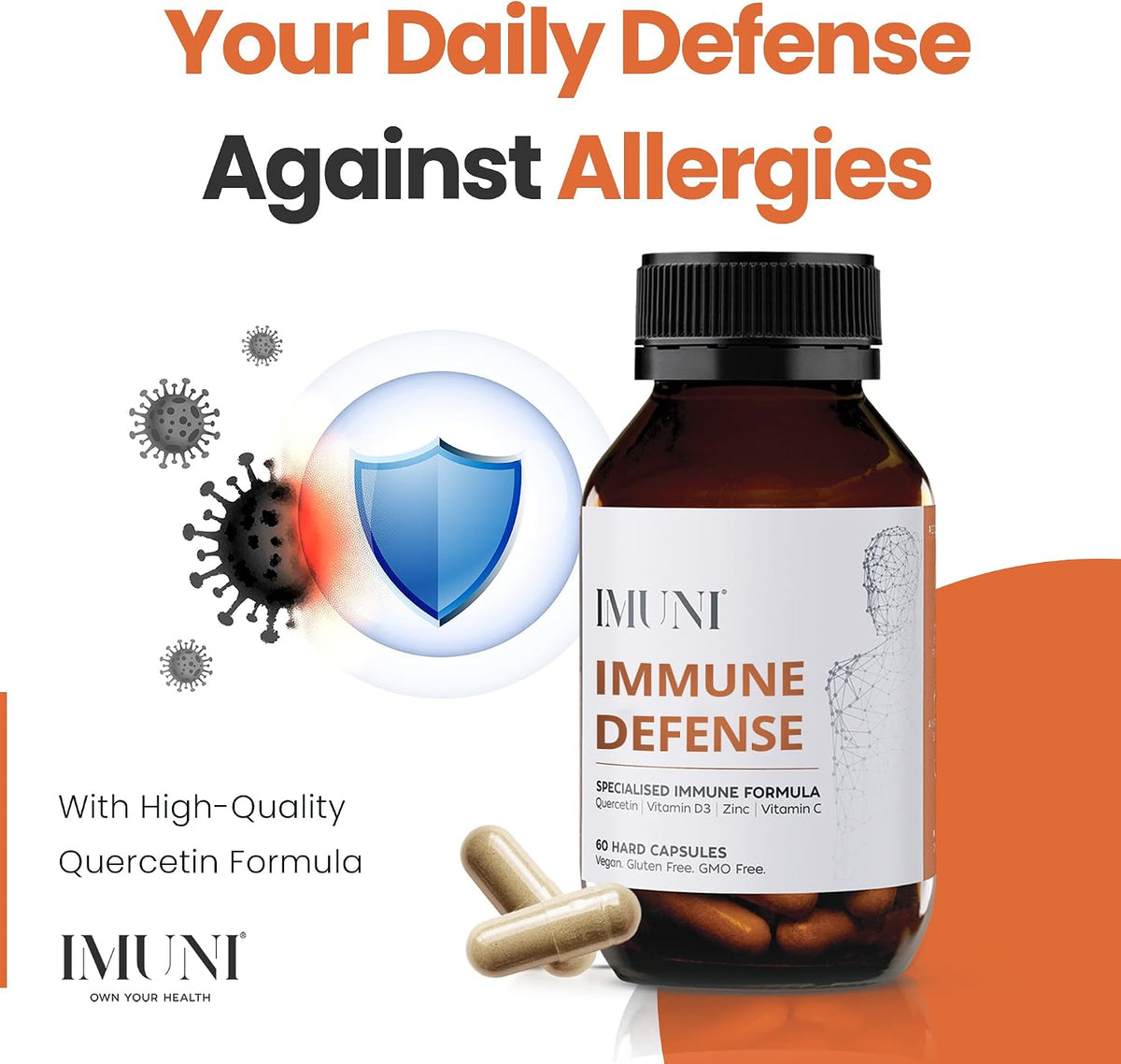 IMUNI Allergy Support & Immune Defence – Quercetin Supplement with Vitamin C, Zinc & D3 | Seasonal Wellness Support | 60 Vegan Capsules - görsel 3