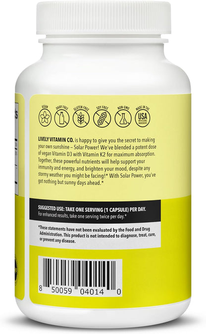 Lively Vitamin Co. Solar Power Vitamin D3 5000 IU with Vitamin K2 MK-7 (MenaQ7) - 180 Soft gel capsules