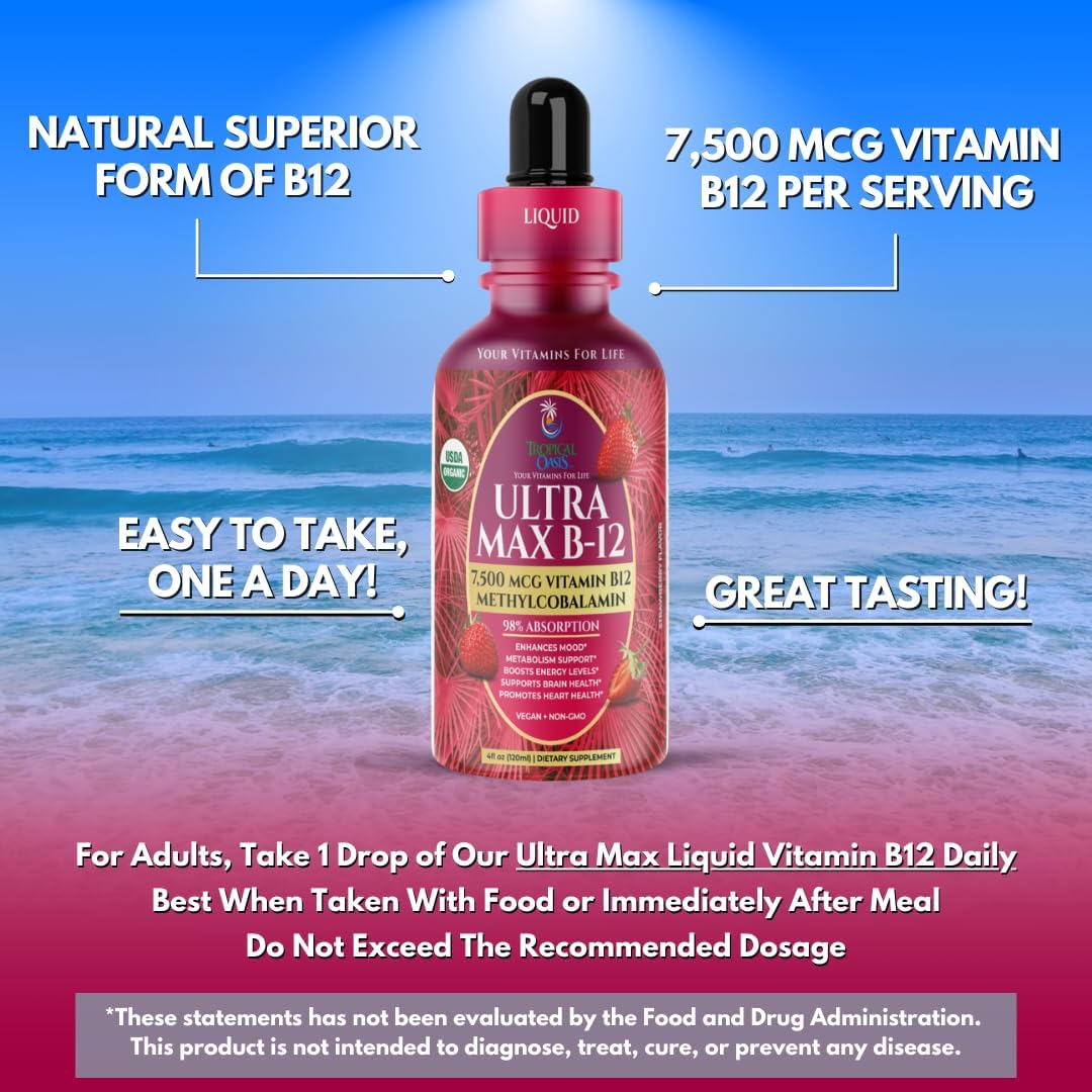 Ultra Max B12 - 5000mcg Sublingual Vitamin B12 Liquid Drops - Methylcobalamin - Vegan, Non-GMO, Strawberry Flavour - 118 ml - görsel 5
