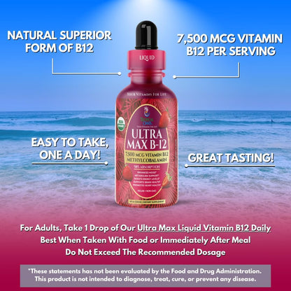 Ultra Max B12 - 5000mcg Sublingual Vitamin B12 Liquid Drops - Methylcobalamin - Vegan, Non-GMO, Strawberry Flavour - 118 ml