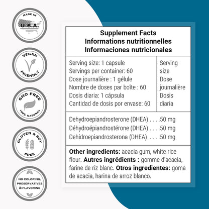 Supersmart DHEA 50mg - Essential Daily Supplement - Non-GM & Gluten-free - 60 Vegetarian Capsules
